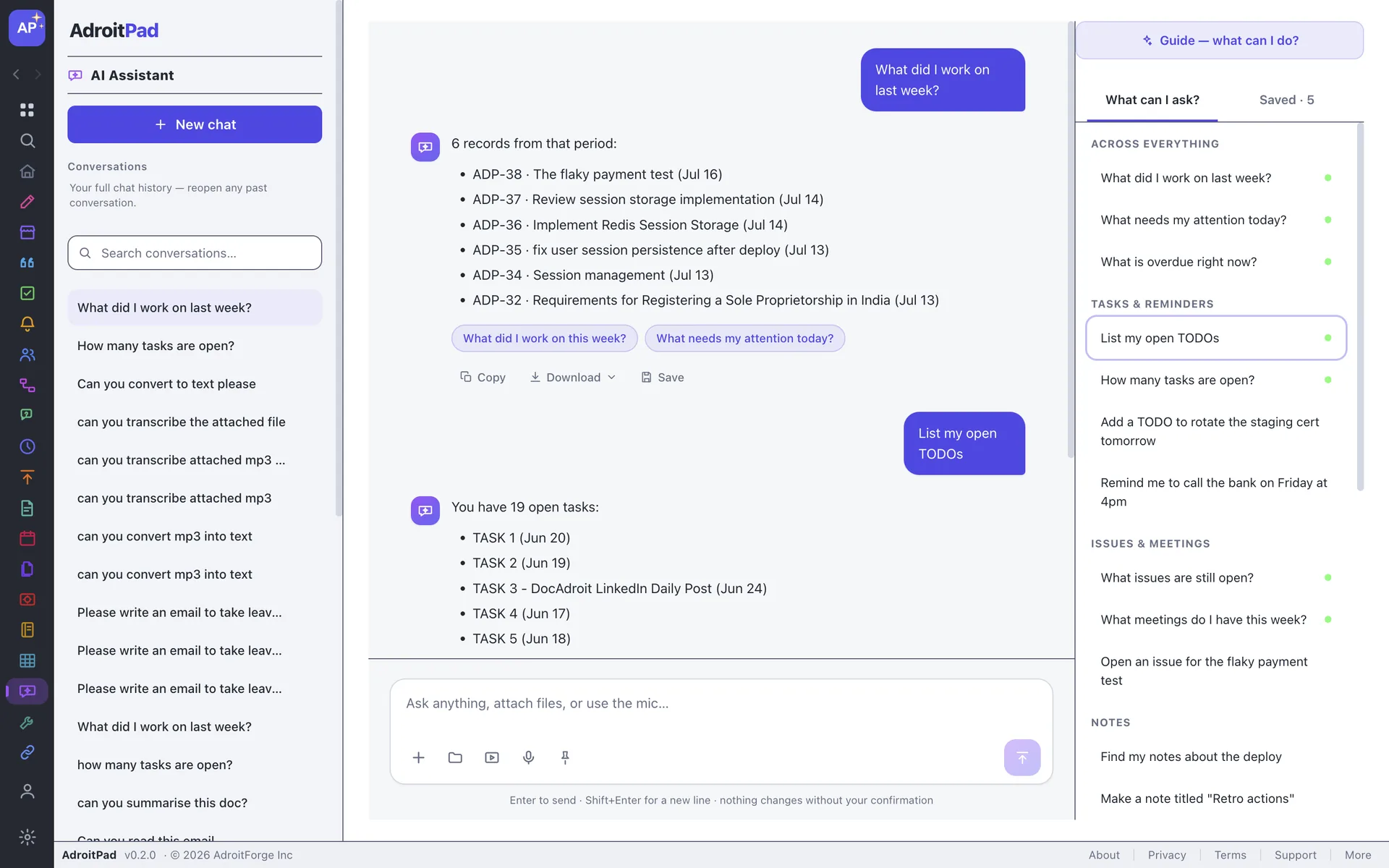 The AdroitPad AI assistant answering a question about last week's work and listing open TODOs.