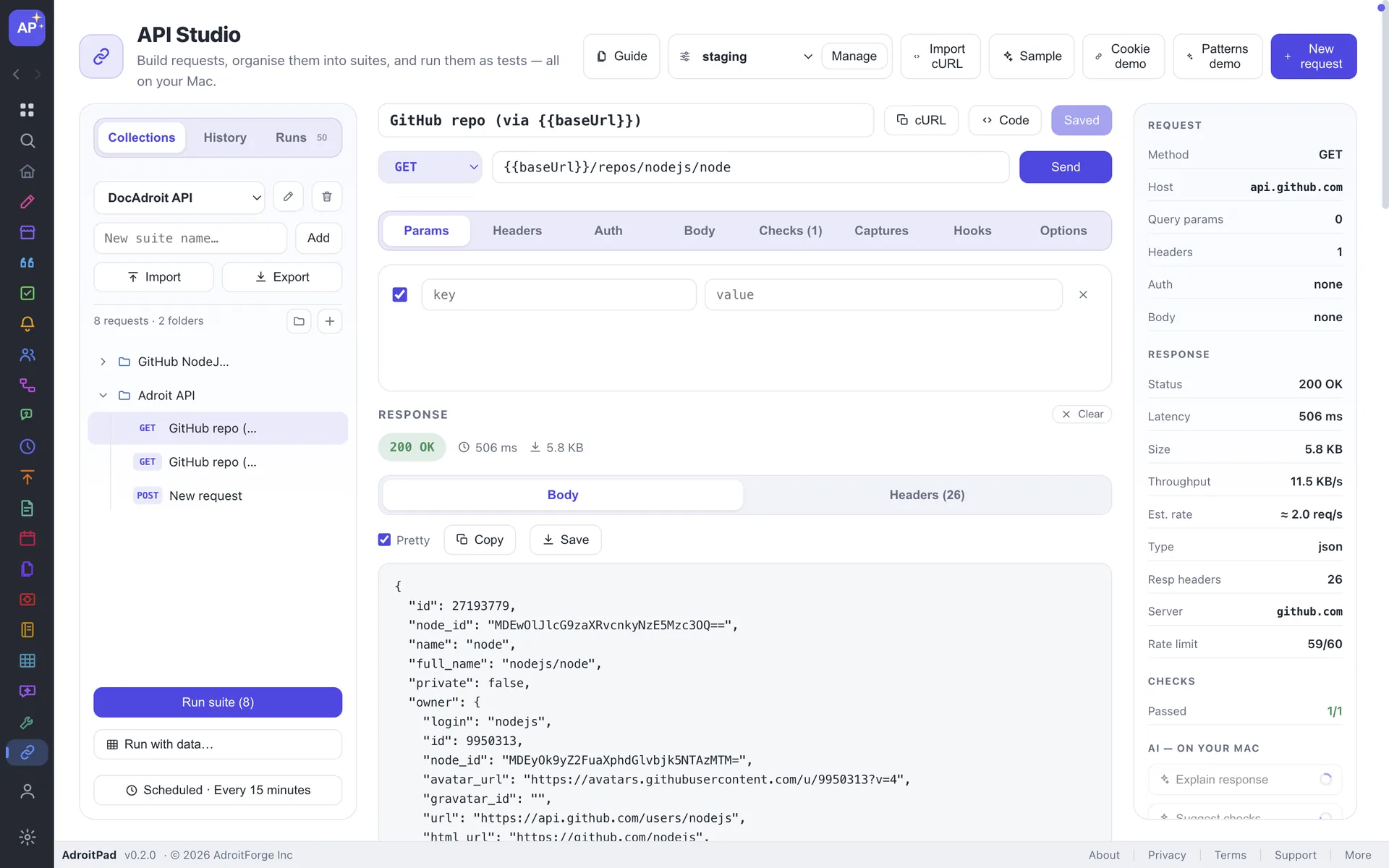 AdroitPad API Studio with a collection tree, a request builder and a 200 OK JSON response.