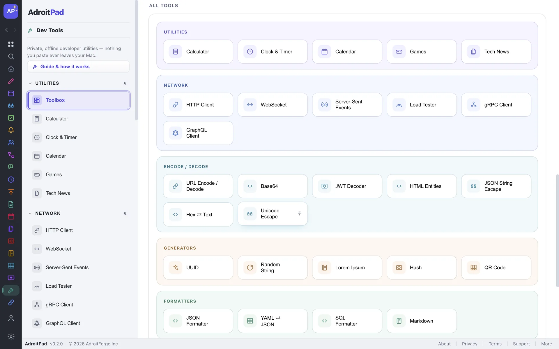AdroitPad Dev Tools showing the full catalogue grouped into Utilities, Network, Encode/Decode, Generators and Formatters.