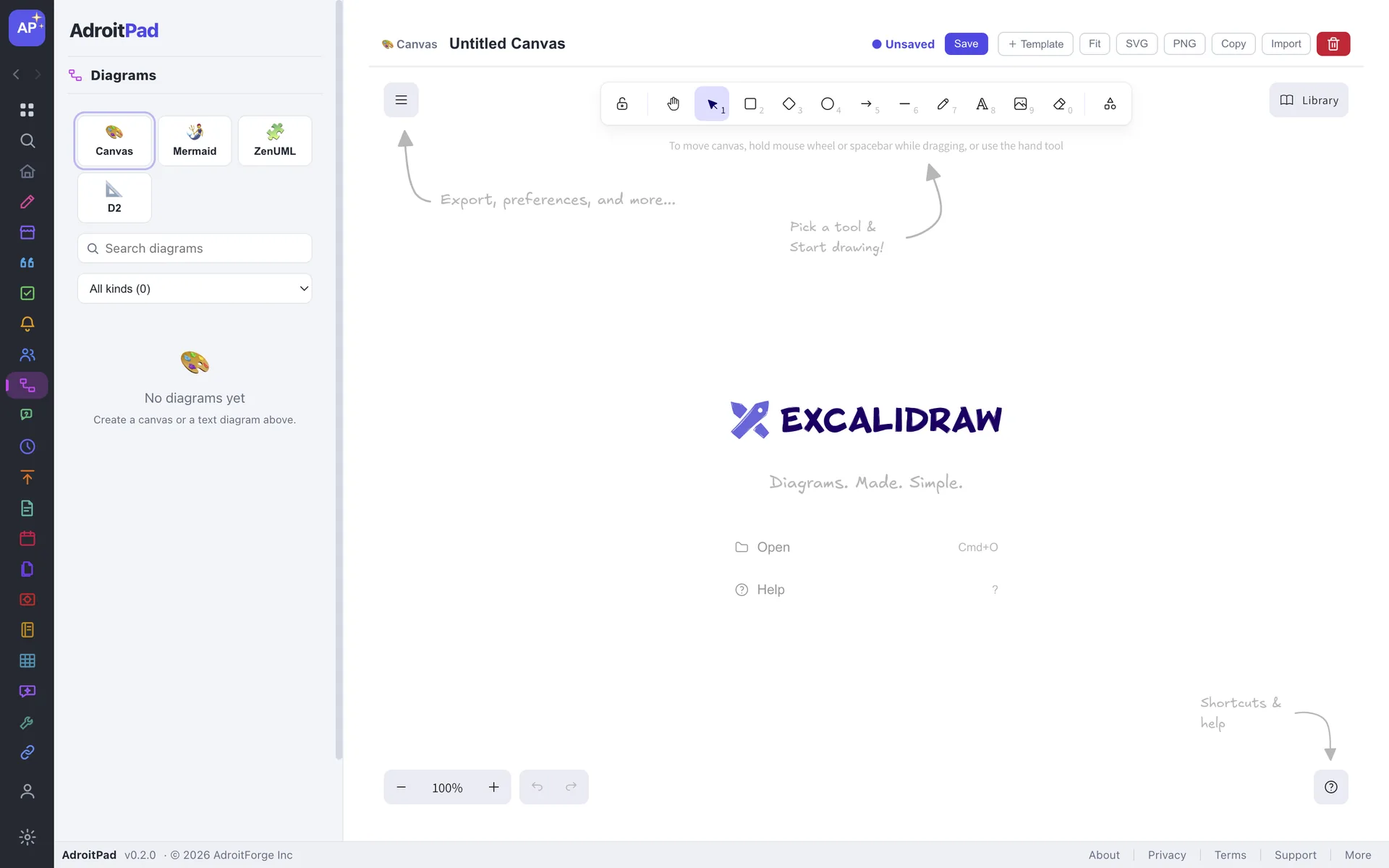 The AdroitPad diagram editor with a rendered architecture diagram.