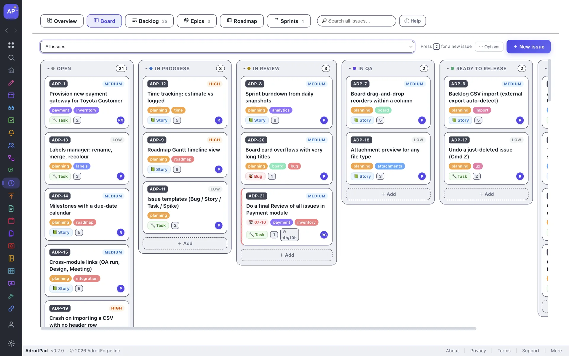 The AdroitPad issue tracker showing a board with columns, priorities and assignees.