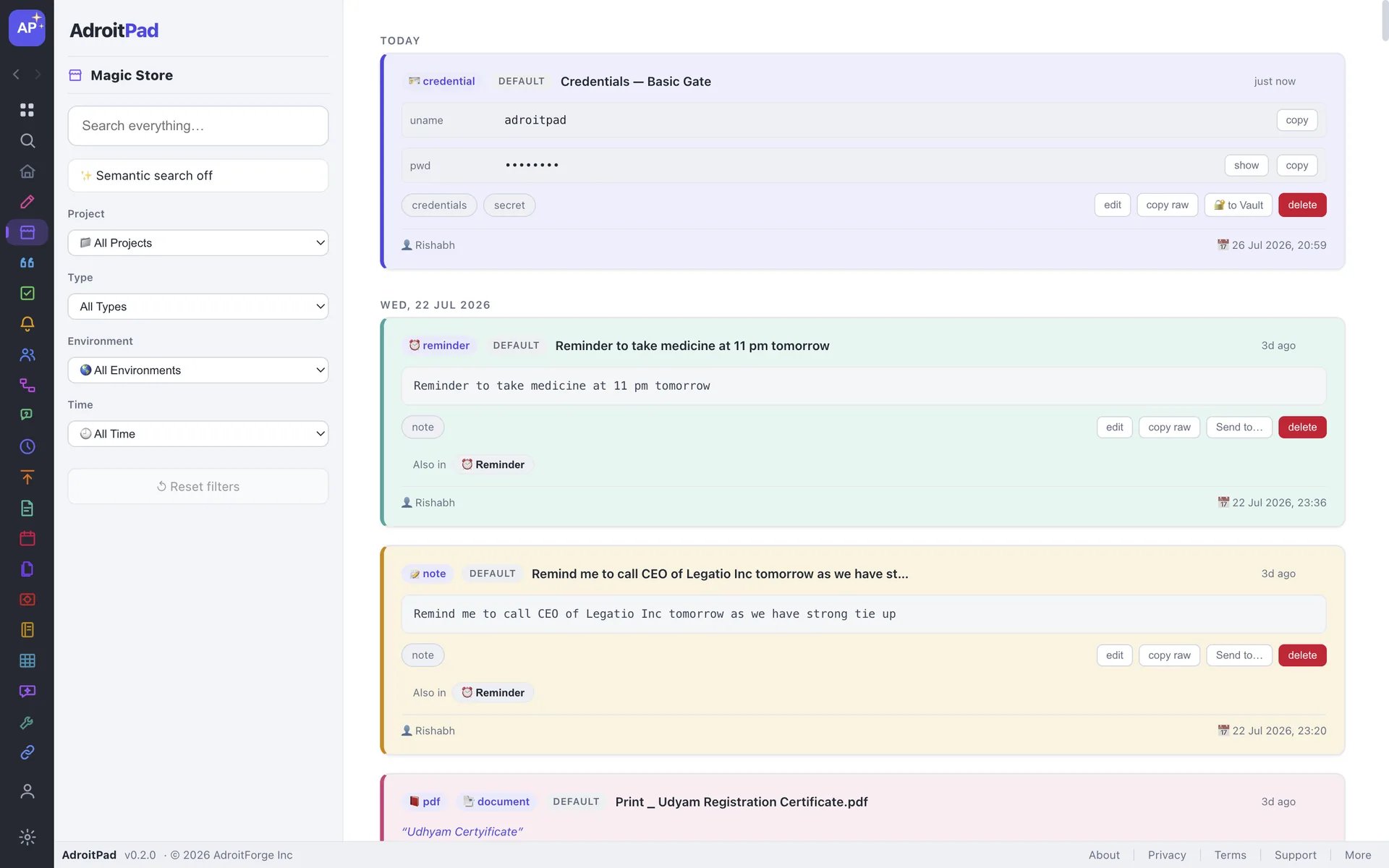The AdroitPad Magic Store showing filters and a timeline of saved captures including a masked credential, a reminder, a note and a document.