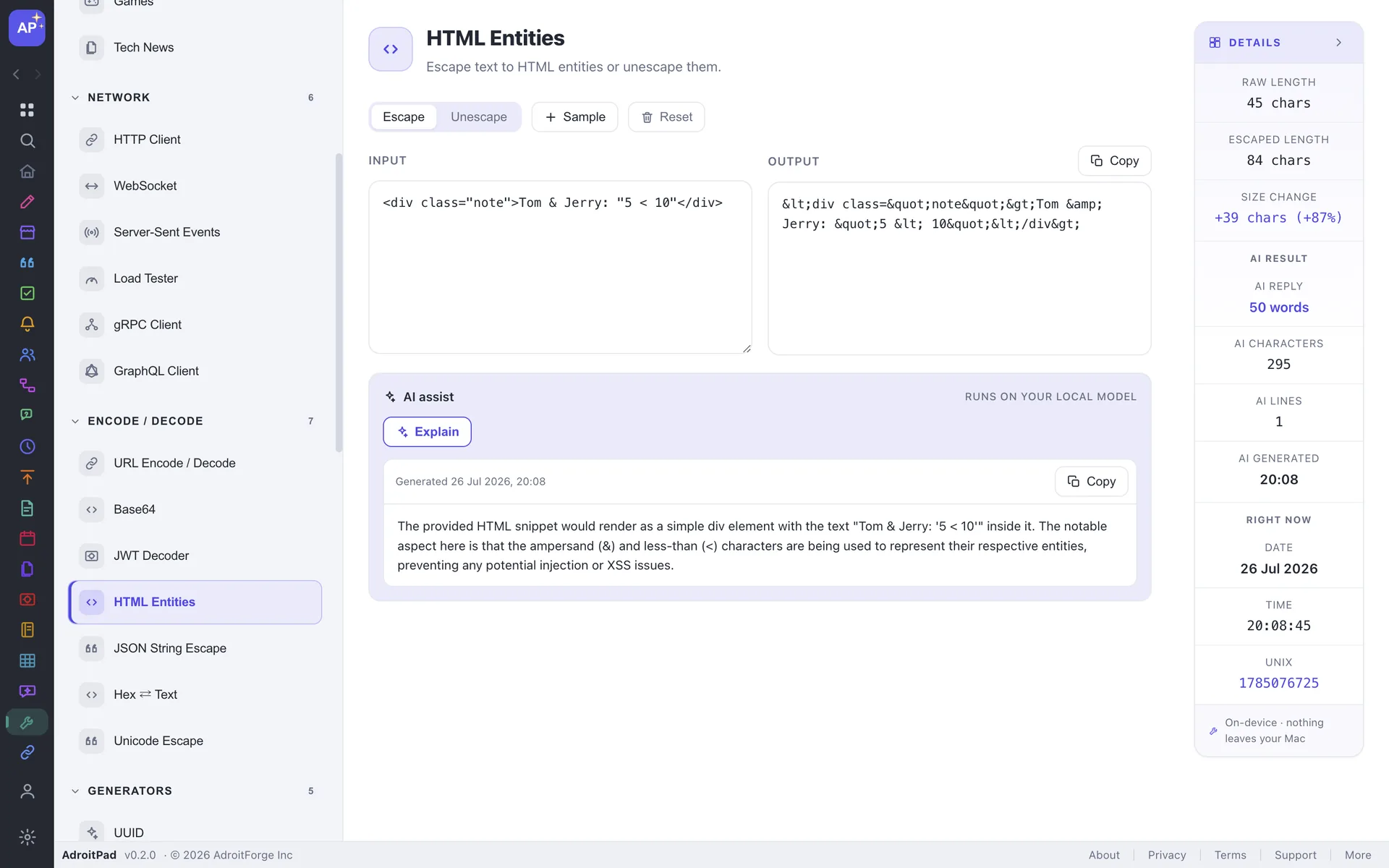 HTML Entities in AdroitPad